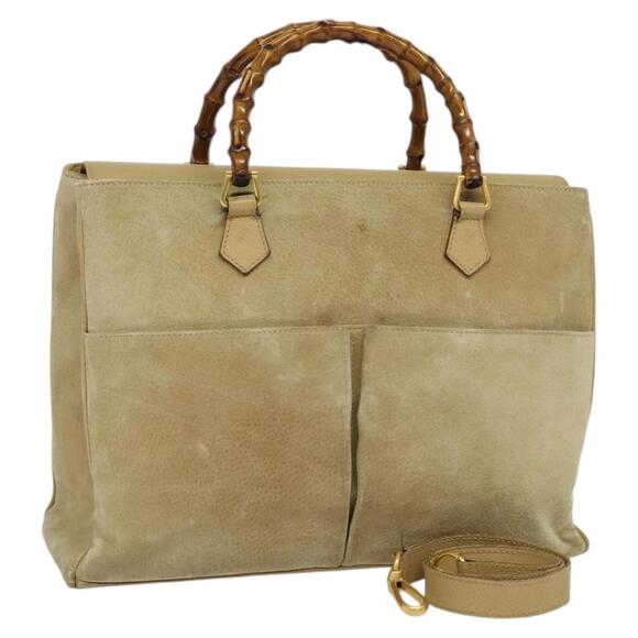 GUCCI Bamboo Hand Bag Suede Leather Beige Gold 002 123 002 123 - Picture 1 of 16